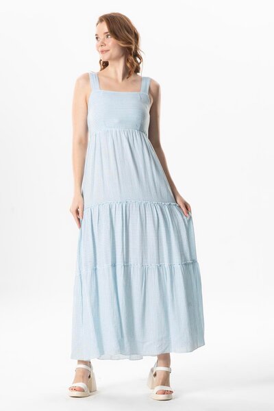 Eliş Şile Bezi Askılı Şile Bezi Kare Yaka Tılsım Uzun Yazlık Elbise Mavi Çizgili Mvbyz