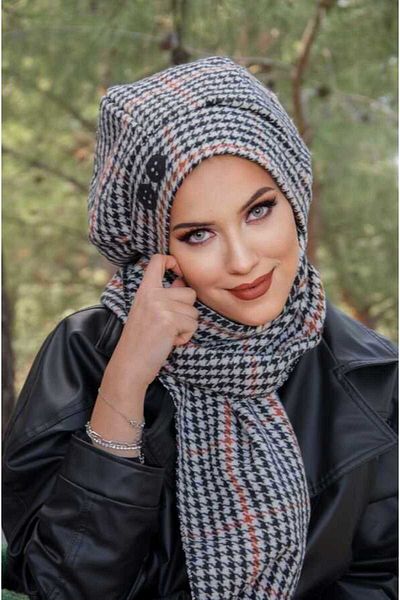 Aişe tesettür Black Brown Houndstooth Embroidered Hijab Beanie