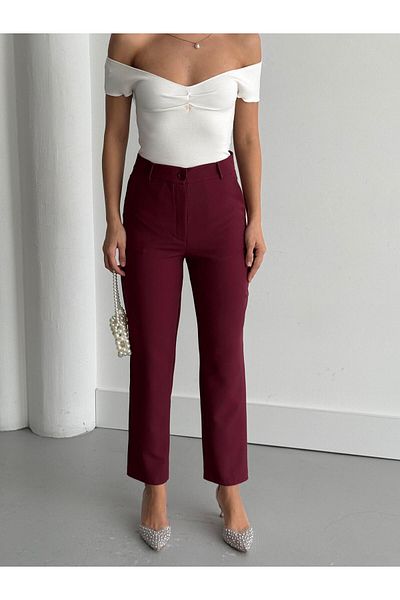 Appleline Women's Classic Skinny Leg Ankle Length Carrot Pants Claret Red