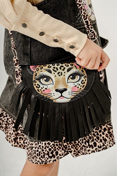 mislina kids Leopard Patterned Stone Embroidered Denim Gilet & Frilly Combed Cotton & Special Design Bag Combination