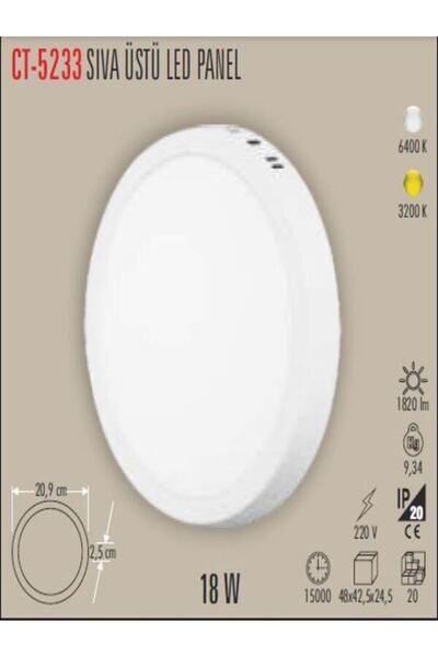 Cata Ct-5233 Sıva Üstü Led Panel Beyaz Işık 18watt- Beyaz Kasa