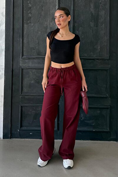 Madmext Bordo Beli Büzgülü Wide Leg Kumaş Pantolon MG1950