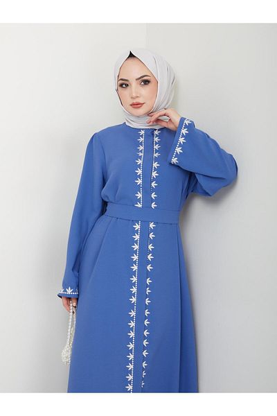 MY QILAM Îmbrăcăminte hijab cu broderie albastră - Rochie de seară pentru femei Ferace 10NMR4002