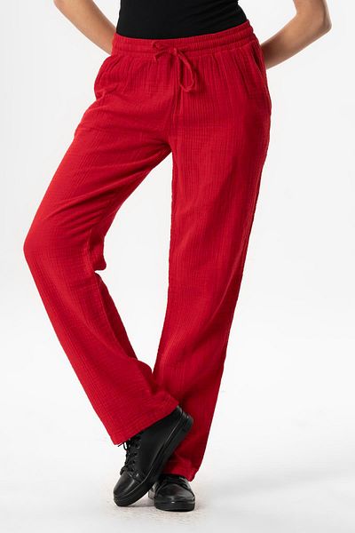 Eliş Şile Bezi Muslin Waist Lace up Double Pocket Women's Summer Trousers Red Krmz
