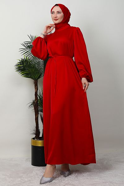 Giza Giyim Slim Belted Satin Dress Red