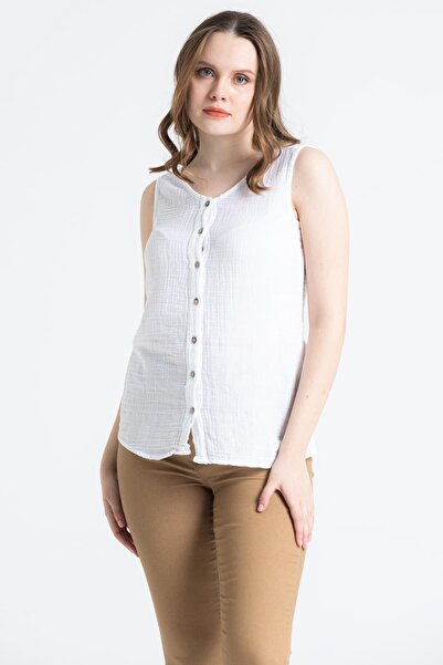 Eliş Şile Bezi Sleeveless Melis Summer Muslin Blouse White Byz