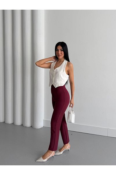 Appleline Women's High Waist Pipe Leg Ankle Length Fabric Trousers Claret Red
