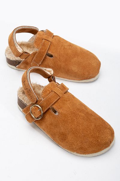 Beybium Sabo Real Suede Leather Cork Sole Furry Slippers Tan