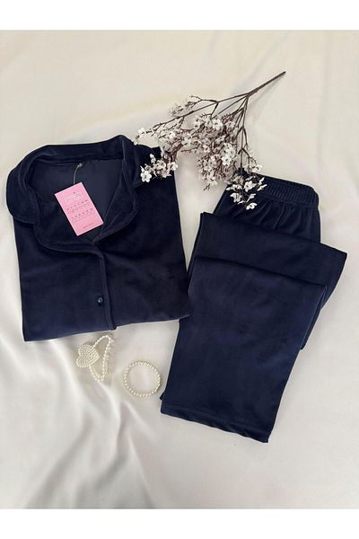 MH Moony Homewears Комплект тъмносиня мека зимна кадифена пижама от 2 части