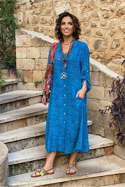 Nevin Kaya Moda Rochie cămașă turcoaz, 100% bumbac, viscoză