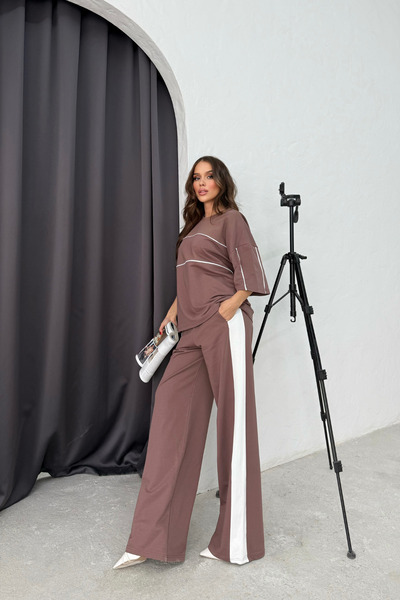 Bliss Kadın Göğüs Çizgili Kısa Kollu Oversize Rahat Kalıp Alt Üst Eşofman Takımı