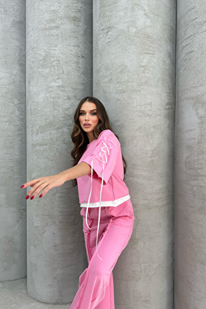 Bliss Women's Pink Bottom Top Tracksuit Set with Lace Detail, Wide Leg Relaxed Cut S