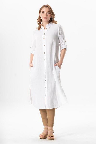 Eliş Şile Bezi Summer Tunic - Long Sleeve, Collar Hafsa Islamic Tunic White Byz