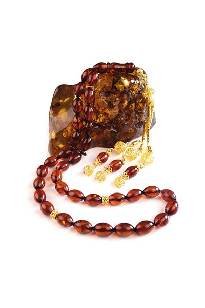 TESBİHCİBABA Baltic Pearl Gold Design Drop Amber Rosary