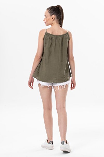 Eliş Şile Bezi Strappy Alaçatı Καλοκαιρινή μουσελίνα Μπλούζα Χακί Χακ