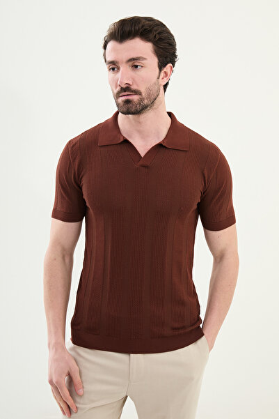 Mcr Смугаста футболка Slim Fit з коміром-стійкою для чоловіків, цегляного кол...