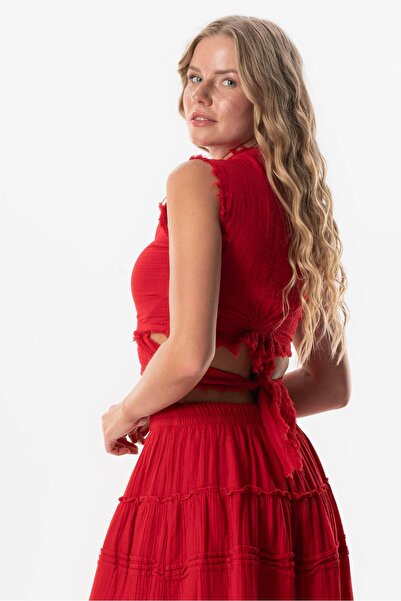 Eliş Şile Bezi Sleeveless Deren Waist Tie Summer Muslin Blouse Red Krmz