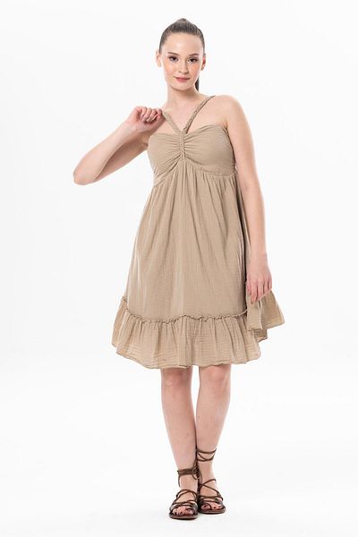 Eliş Şile Bezi Alanya Halter Neck Short Summer Muslin Dress Mink Vzn