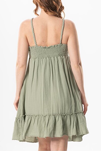Eliş Şile Bezi Alanya Halter Short Summer Dress Olive Green