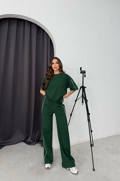 Bliss Women's Striped Short Sleeve Comfortable Fit Bottom Top Green Tracksuit Set