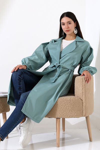 ensade Balloon Sleeve and Belted Bondik Fabric Trench Coat