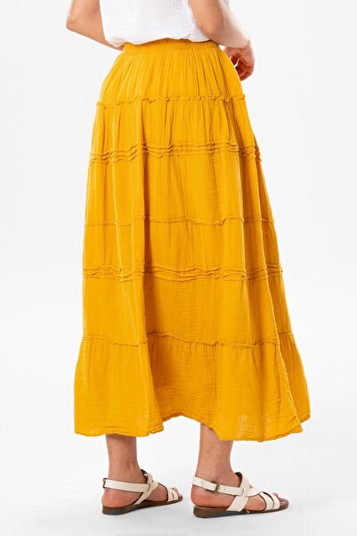 Eliş Şile Bezi Benan Elastic Waist Long Summer Muslin Skirt Mustard Hrd