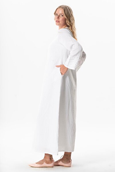 Eliş Şile Bezi Λευκό καλοκαιρινό φόρεμα με μακρύ μανίκι Şahika Nervür