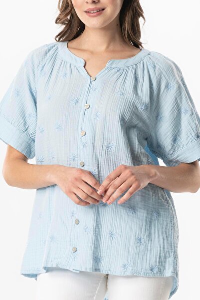 Eliş Şile Bezi Short Sleeve V-Neck Veículo Venus Buttoned Mobile Master Blue Blouse