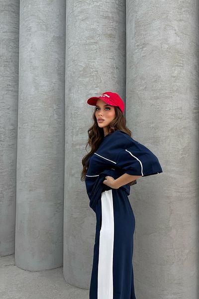 Bliss Women's Striped Short Sleeve Comfortable Fit Bottom Top Navy Blue Tracksuit Set L Size