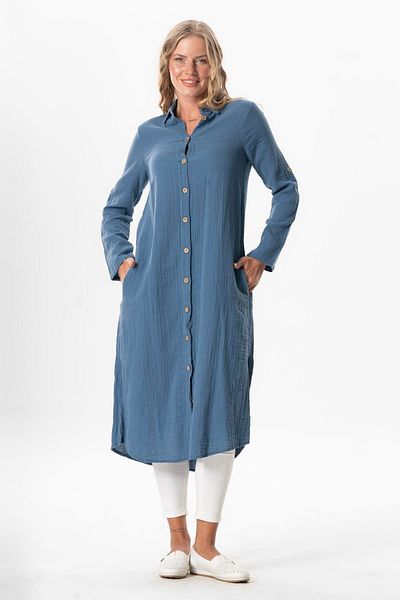 Eliş Şile Bezi Long Sleeve Shirt Collar Hafsa Muslin Summer Tunic Indigo Indg