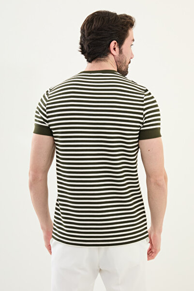 Mcr Ανδρικό μπλουζάκι με ριγέ λεπτή εφαρμογή Crew Neck Khaki - 36848.25Y