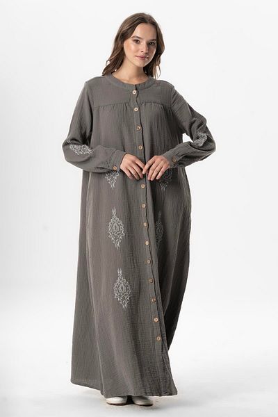 Eliş Şile Bezi Long Sleeve Lacin Printed Muslin Seasonal Ferace Gray Gray