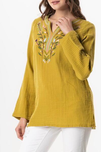 Eliş Şile Bezi Long Sleeve Floral V-Neck Embroidered Muslin Summer Blouse Oil Green Ygysl