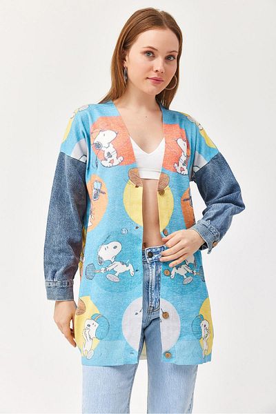 CALİENTE Jeans Detailed Patterned Long Sweater Cardigan Blue