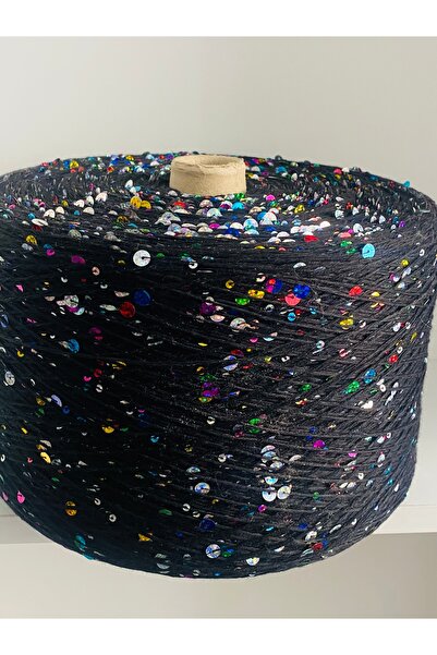 göçer Örgü İpi %100 Pamuk Siyah 3mm 6mm Siyah Gökkuşağı Pullu 200 gr