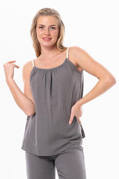 Eliş Şile Bezi Strappy Alaçatı Summer Muslin Μπλούζα Γκρι Γκρι