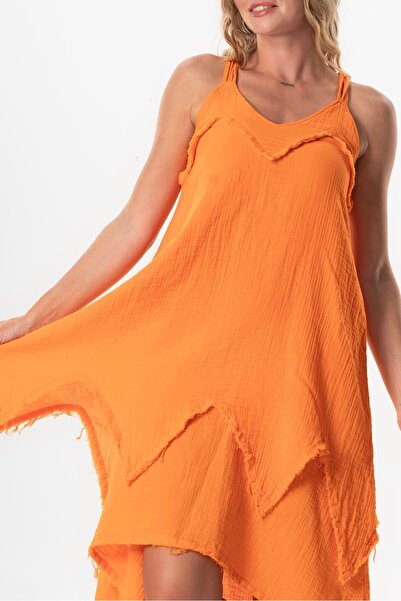 Eliş Şile Bezi Orange Leyla Midi Length V-Neck Dress Strap Leyla Asymmetrical Cut