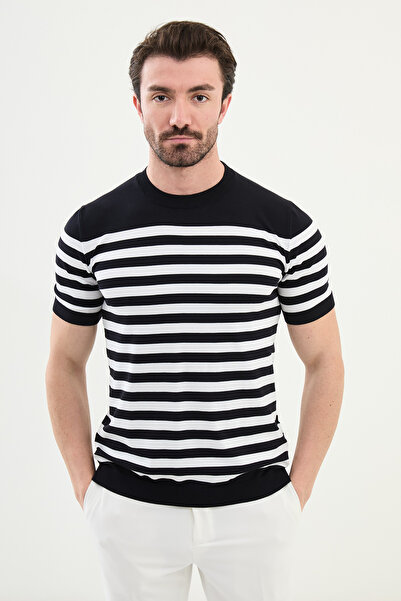 Mcr Смугаста футболка Slim Fit з велосипедним коміром для чоловіків, темно-си...