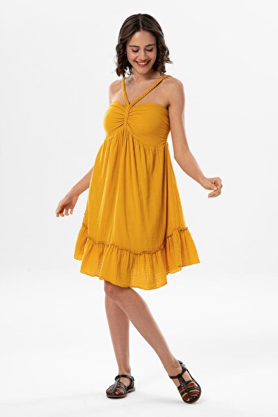 Eliş Şile Bezi Alanya Halter Neck Short Summer Muslin Dress Mustard Hrd