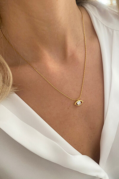 Bonnjerra Jewellery Çelik 1mm İnce Gold Hayalet Zincir Zirkon Taşlı Minimal Göz Kolye
