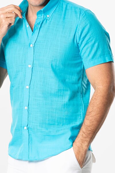 Eliş Şile Bezi Ada Şile Cloth Short Sleeve Summer Men's Shirt Turquoise 3054