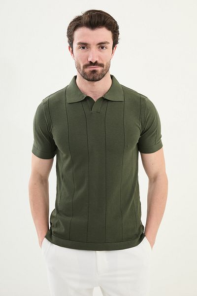 Mcr Striped Slim Fit Lapel Collar Men's Knitwear T-Shirt Khaki - 11527.25Y
