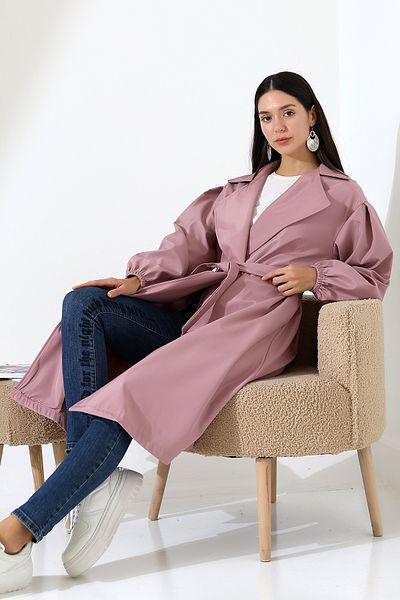 ensade Balloon Sleeve and Belted Bondik Fabric Trench Coat