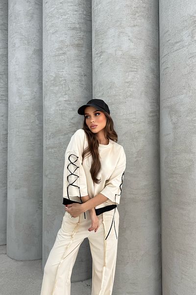 Bliss Women's Cream Bottom Top Tracksuit Set with Lace Detail, Loose Leg Relaxed Cut
