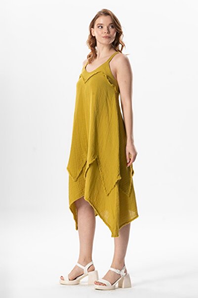 Eliş Şile Bezi Strappy V-Neck Leyla Asymmetrical Cut Midi Dress Oil Green