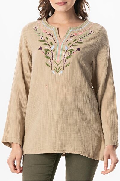 Eliş Şile Bezi Μακρυμάνικη καλοκαιρινή μουσουλμανική μπλούζα με λουλούδια με λαιμόκοψη σε σχήμα V Vizon Vzn