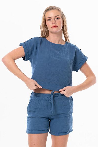 Eliş Şile Bezi Лятна муселинова блуза с къс ръкав İzel, индиго цвят indg