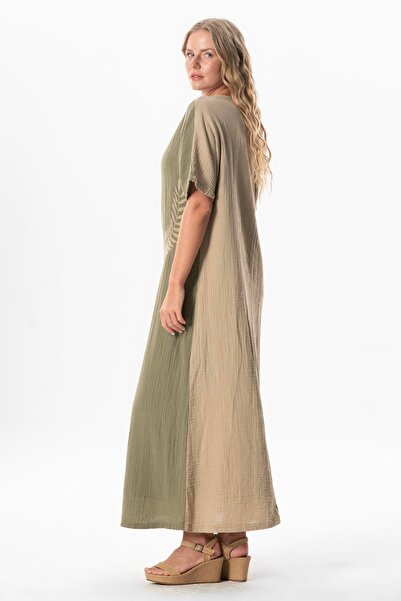 Eliş Şile Bezi Half Sleeve V-Neck Leaf Printed Long Muslin Summer Dress Mink/Khaki Vzn/Hk