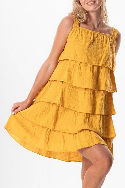 Eliş Şile Bezi Strappy Square Neck Elfida Layered Muslin Summer Short Dress Mustard Hrd