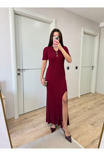 Deppot Stone Detail Slit Polo Collar Bell Dress